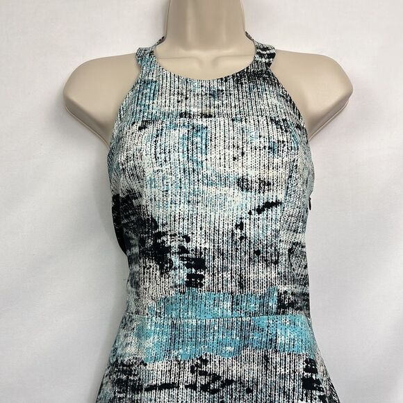 Parker blue black white print cotton blend halter mini dress size large EUC - Picture 2 of 12